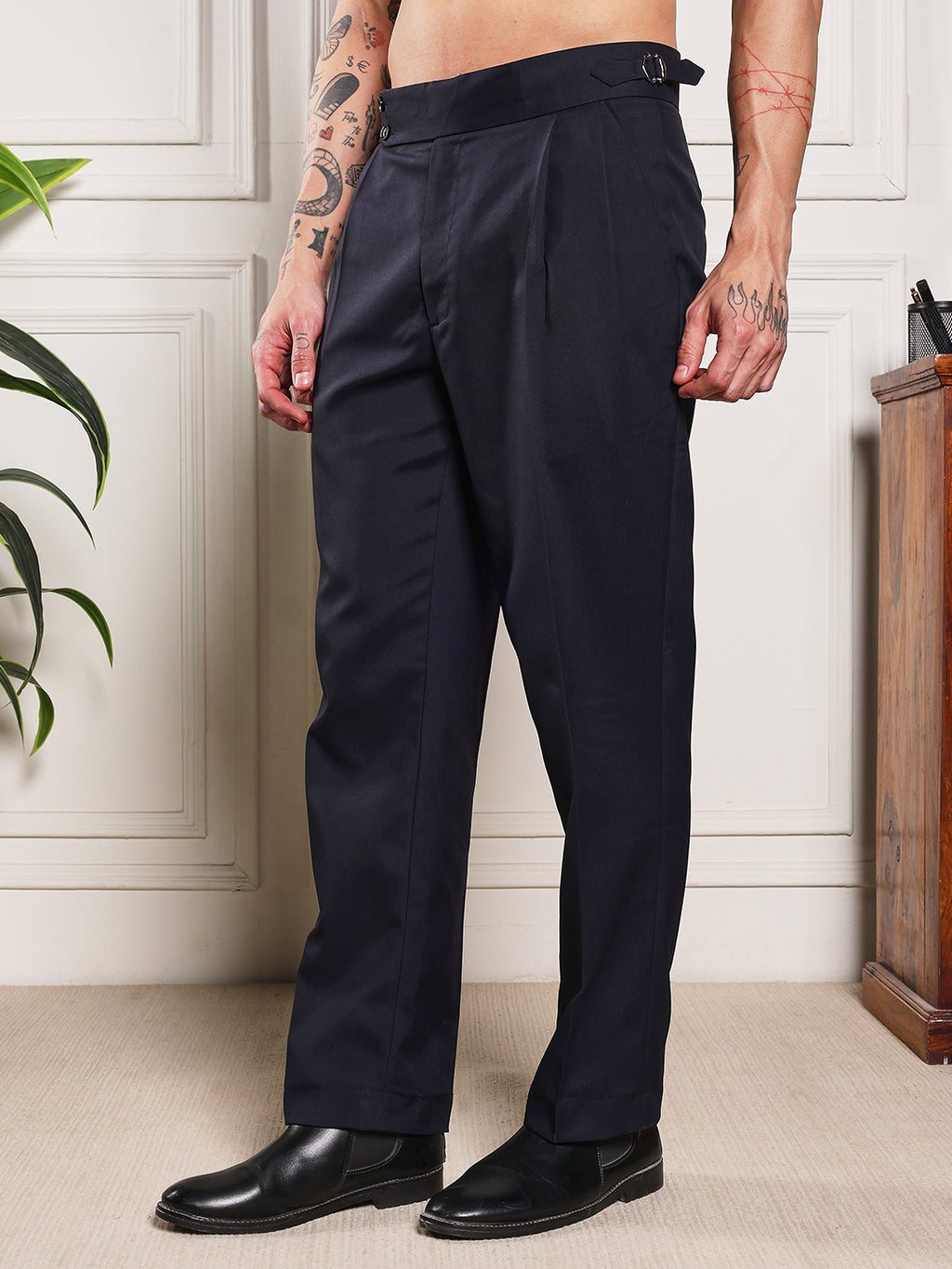 Loose Fit Double Button Navy Blue Gurkha Pants