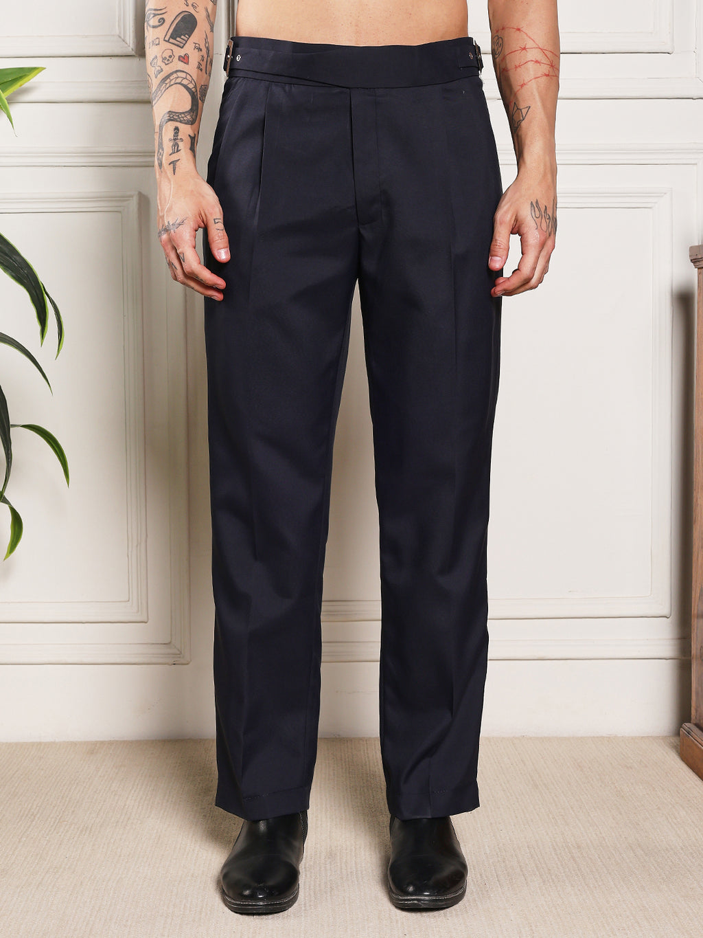 Loose Fit Classic Buckle Navy Blue Gurkha Pants