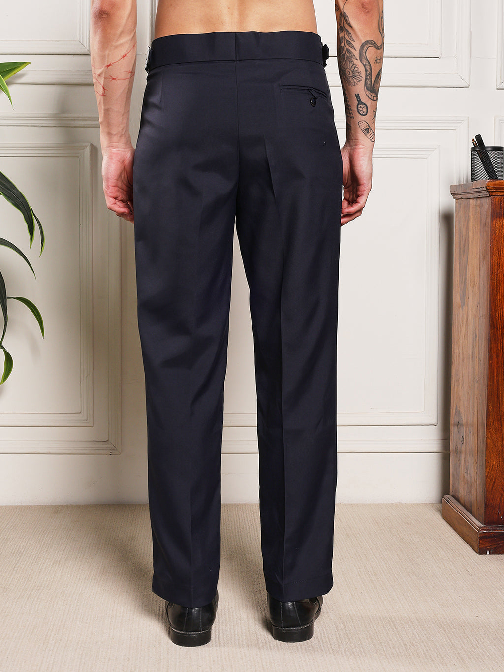 Loose Fit Classic Buckle Navy Blue Gurkha Pants