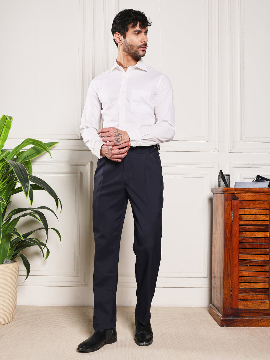 Loose Fit Classic Buckle Navy Blue Gurkha Pants