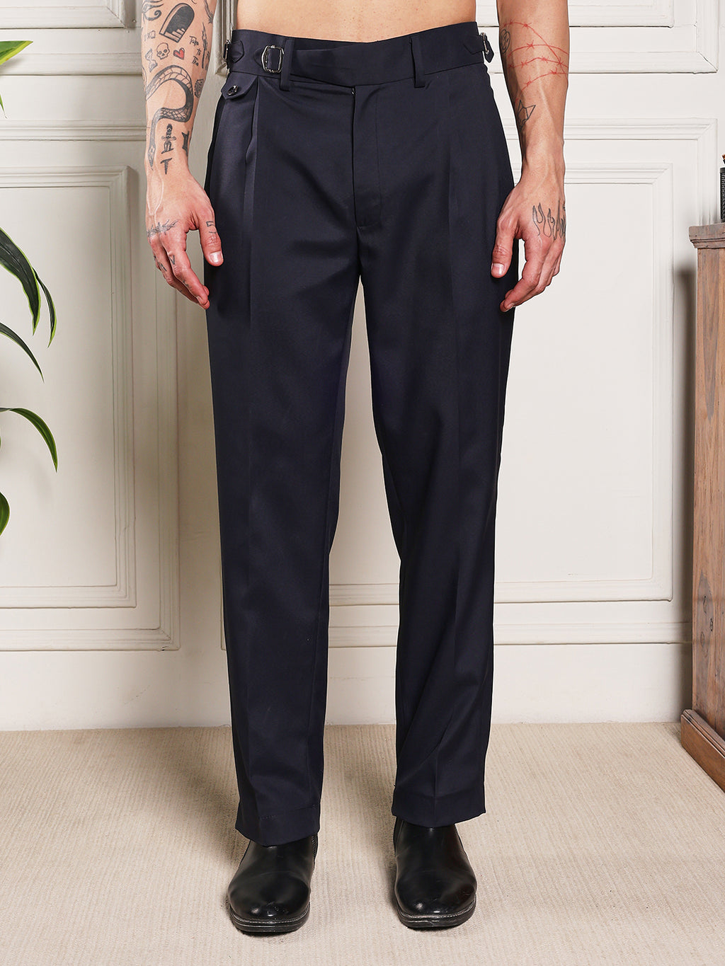 Loose Fit Single Buckle Navy Blue Gurkha Pants