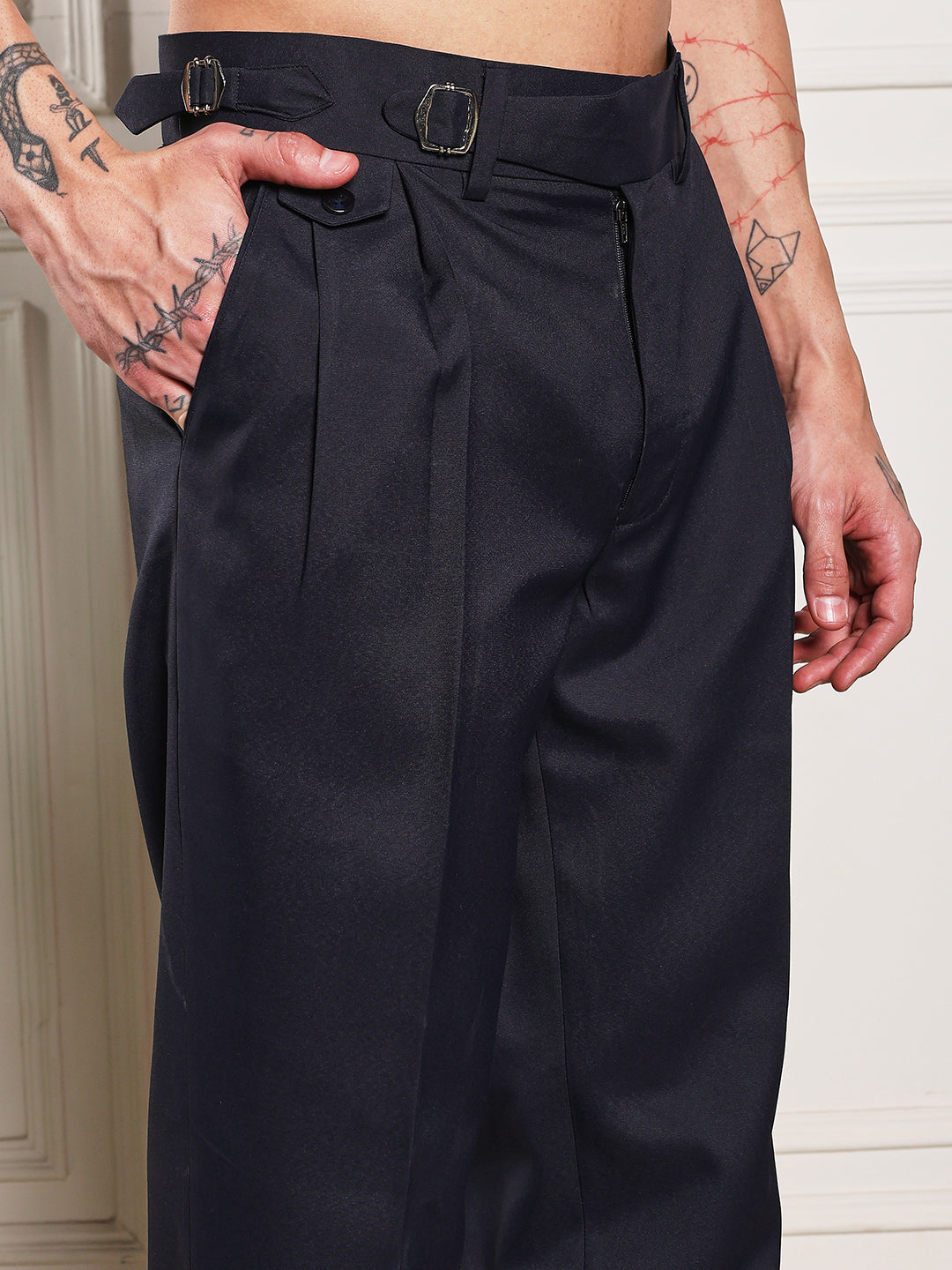 Loose Fit Single Buckle Navy Blue Gurkha Pants
