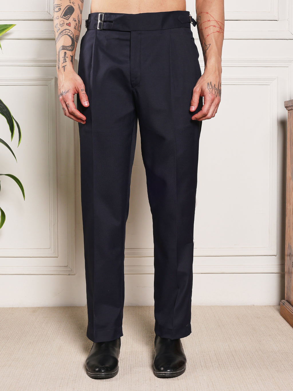 Loose Fit Double Buckle Navy Blue Gurkha Pants