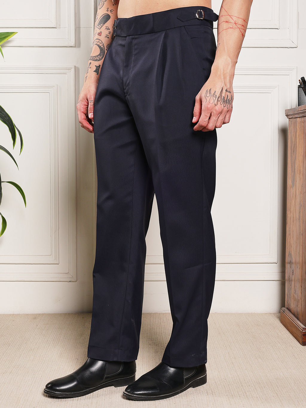 Loose Fit Double Buckle Navy Blue Gurkha Pants
