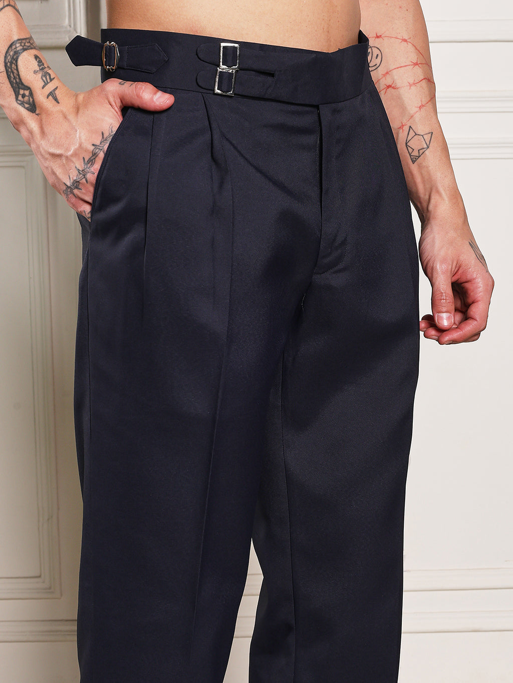 Loose Fit Double Buckle Navy Blue Gurkha Pants
