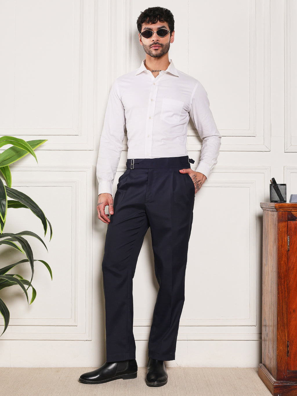 Loose Fit Double Buckle Navy Blue Gurkha Pants