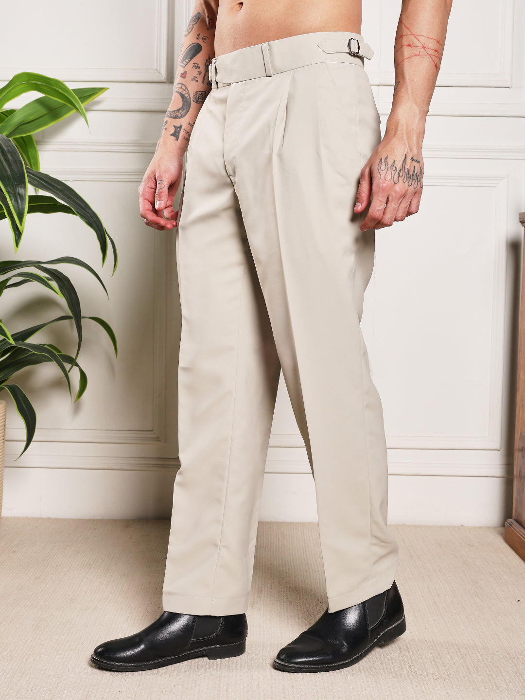 Loose Fit Single Buckle Cream Beige Gurkha Pants