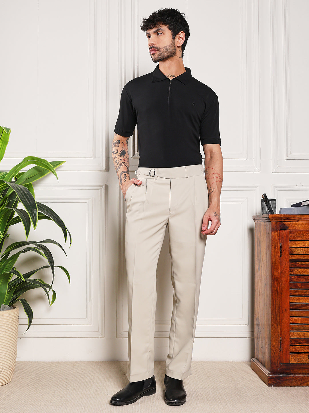 Loose Fit Single Buckle Cream Beige Gurkha Pants
