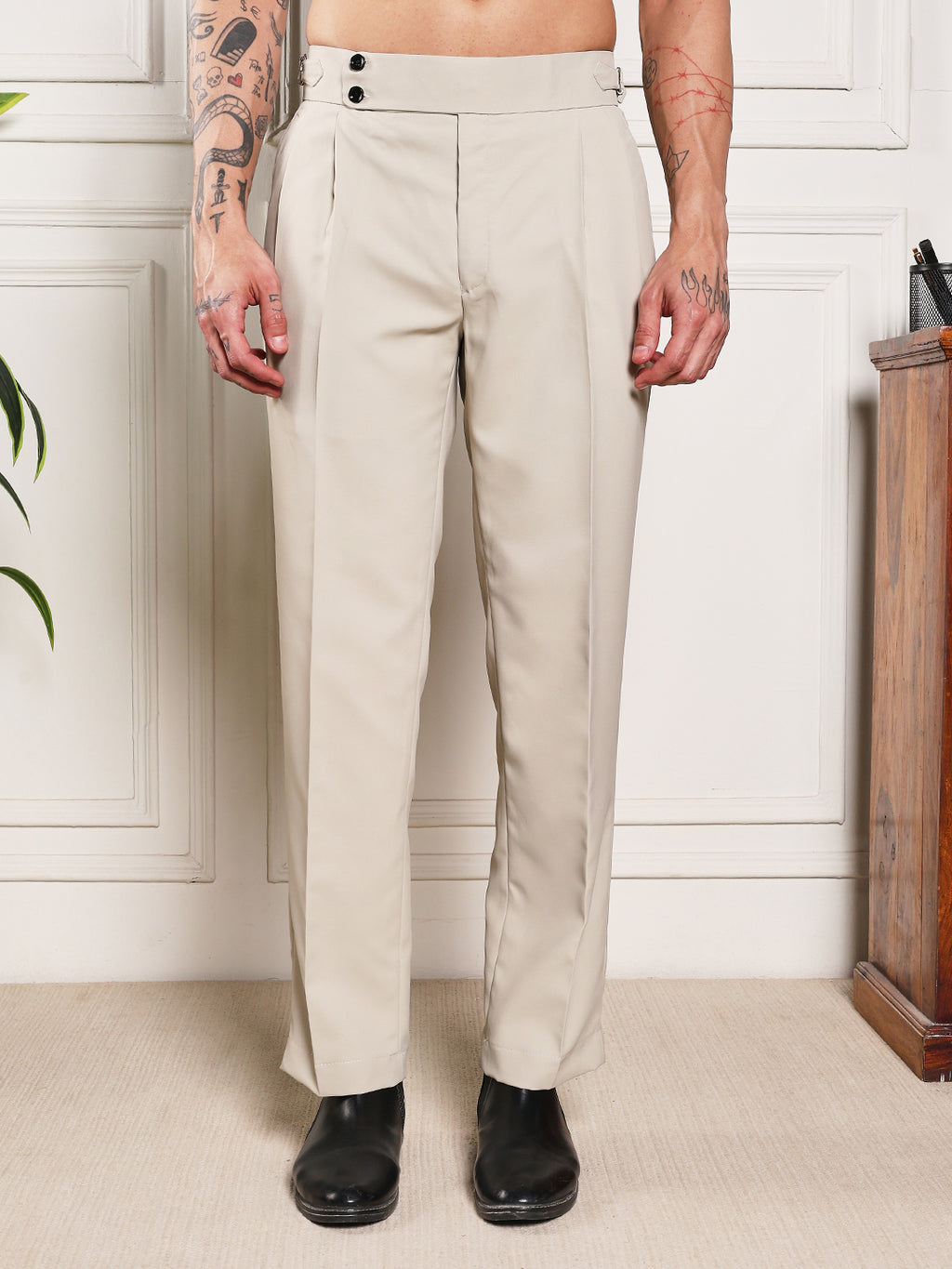 Loose Fit Double Button Cream Beige Gurkha Pants