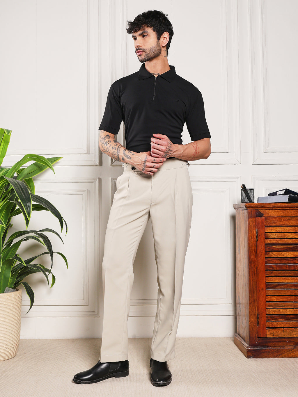 Loose Fit Double Button Cream Beige Gurkha Pants