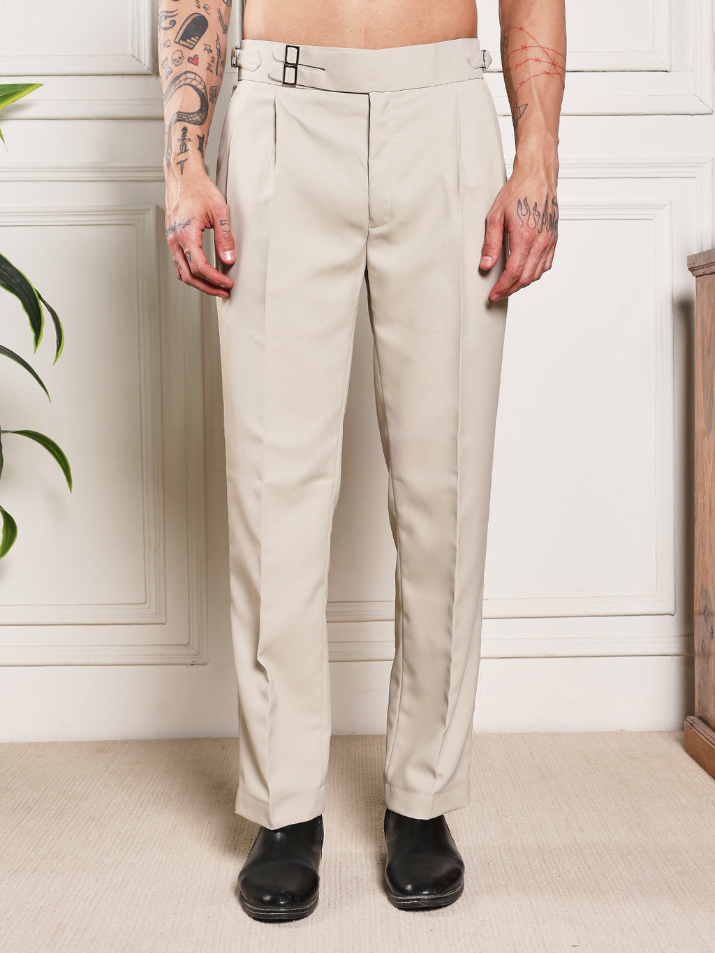 Loose Fit Double Buckle Cream Beige Gurkha Pants