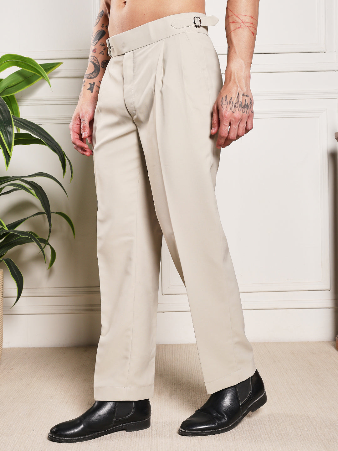 Loose Fit Double Buckle Cream Beige Gurkha Pants