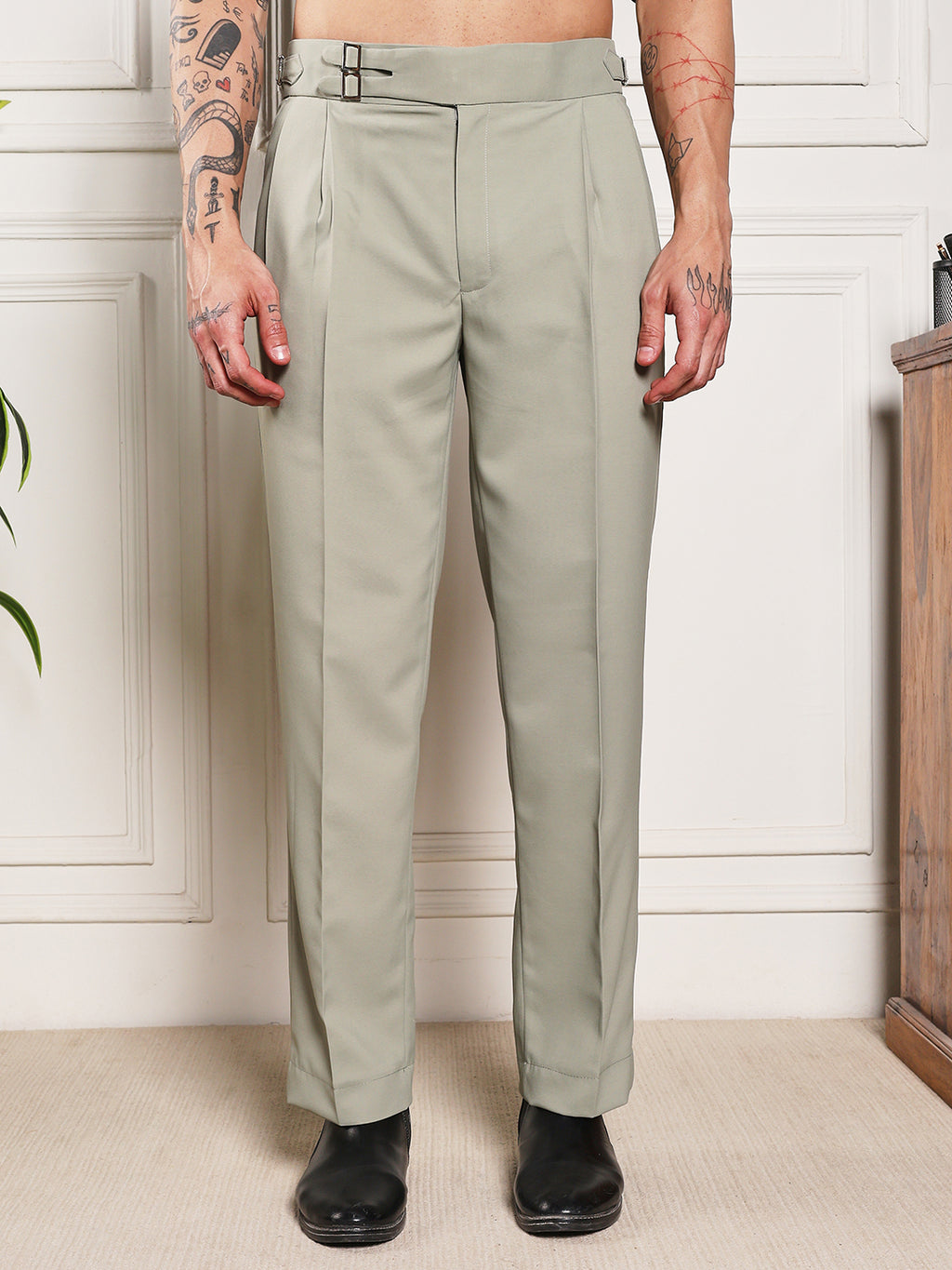Loose Fit Double Buckle Classic Sage Gurkha Pants