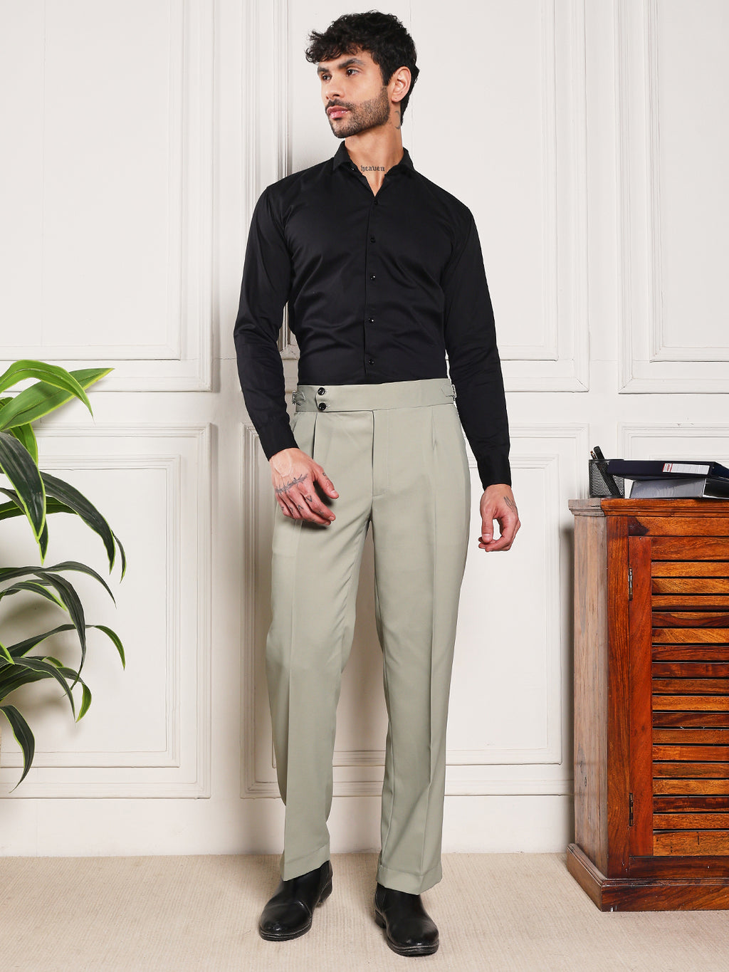 Loose Fit Double Button Classic Sage Gurkha Pants