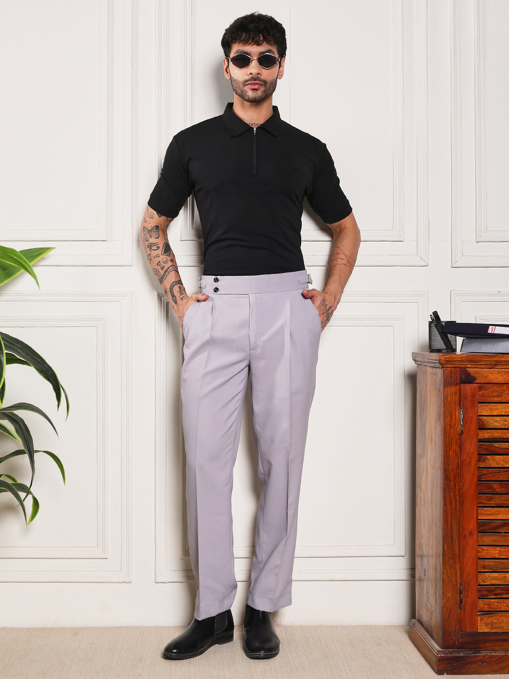 Loose Fit Double Button Light Grey Gurkha Pants