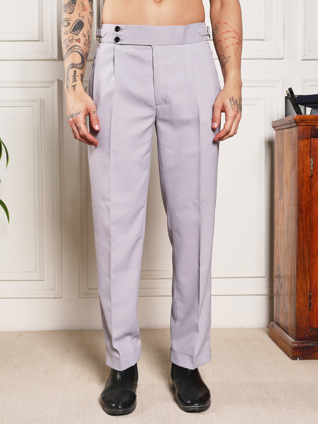Loose Fit Double Button Light Grey Gurkha Pants