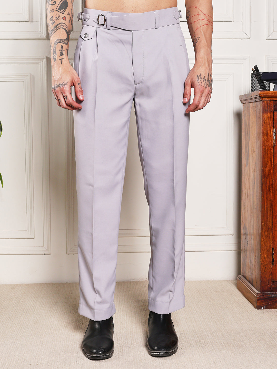 Loose Fit Single Buckle Light Grey Gurkha Pants