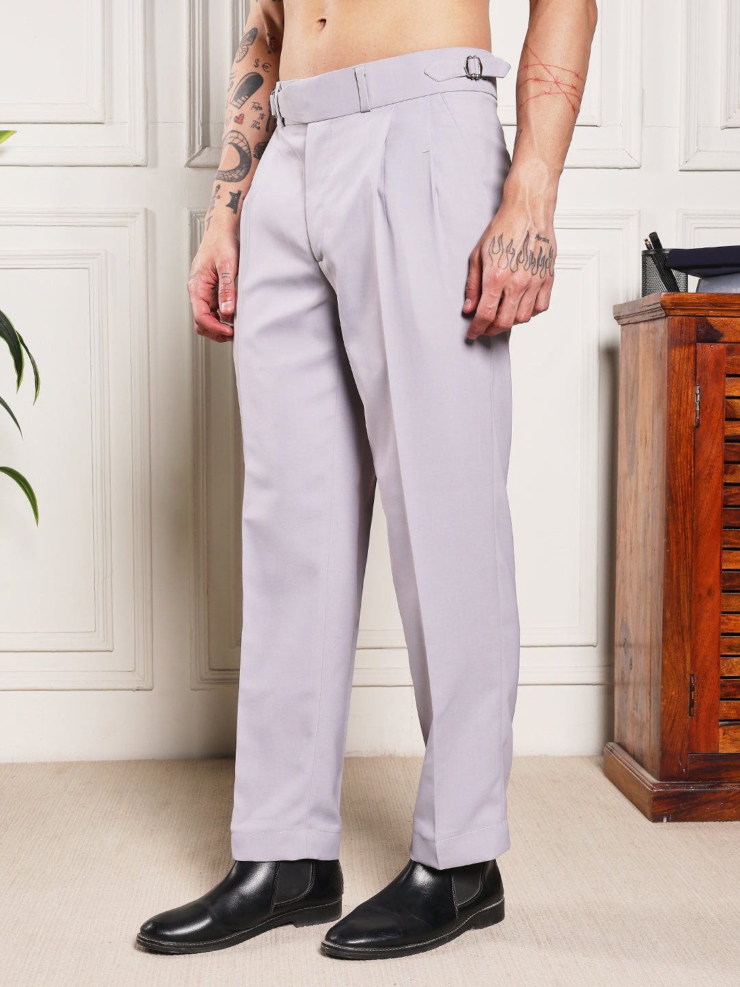 Loose Fit Single Buckle Light Grey Gurkha Pants