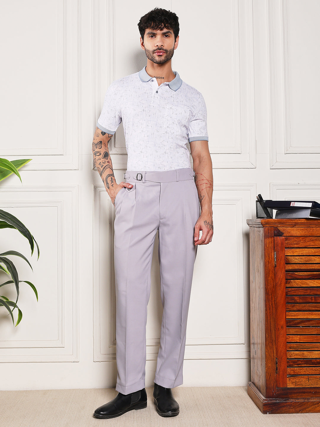 Loose Fit Single Buckle Light Grey Gurkha Pants