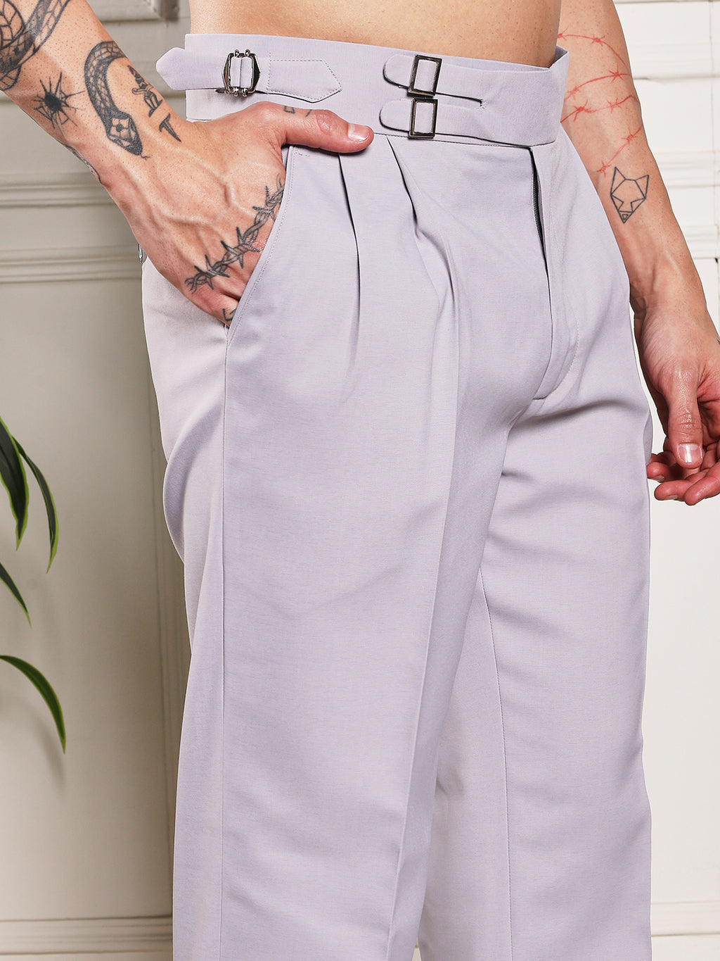 Loose Fit Double Buckle Light Grey Gurkha Pants