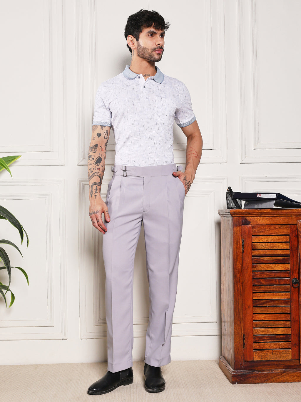 Loose Fit Double Buckle Light Grey Gurkha Pants
