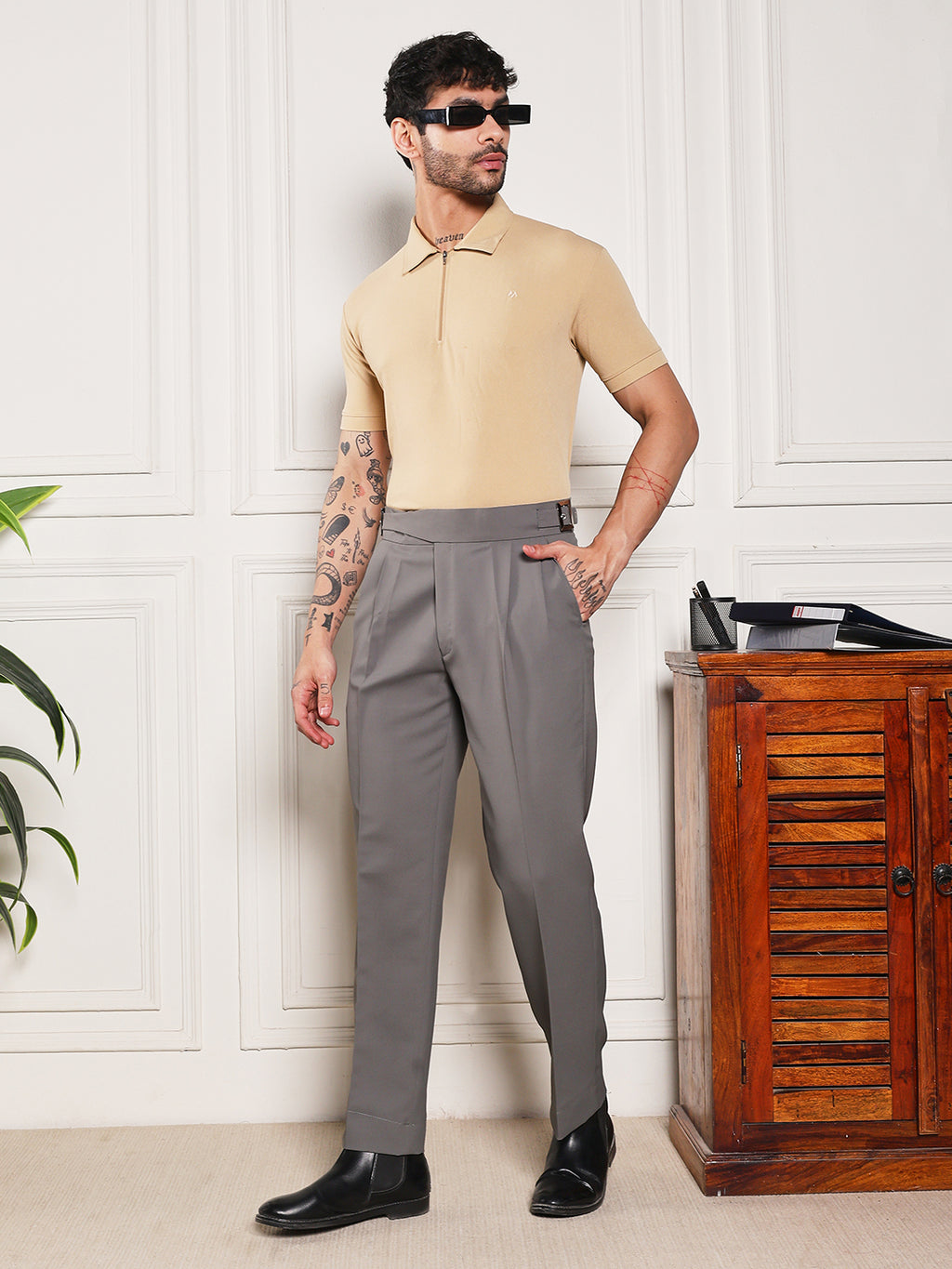 Loose Fit Classic Buckle Perfect Grey Gurkha Pants