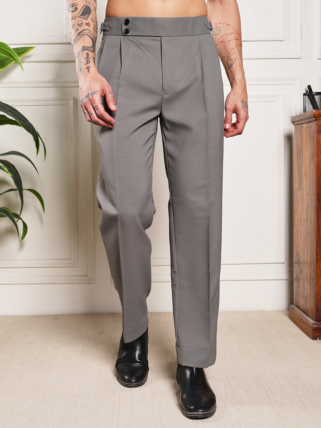 Loose Fit Double Button Perfect Grey Gurkha Pants
