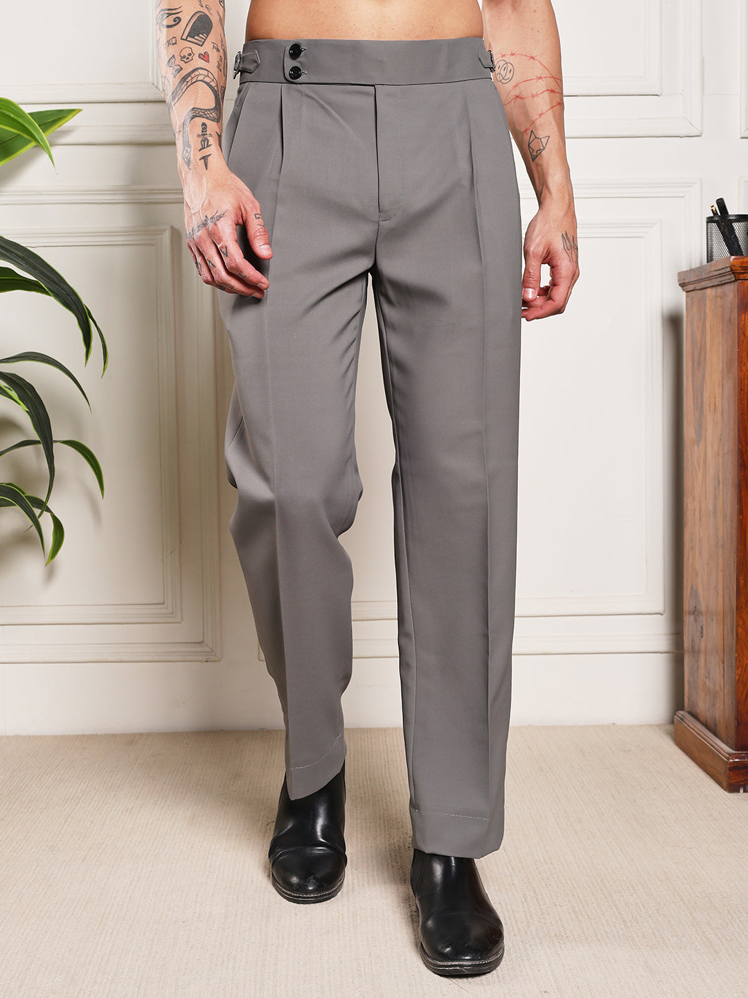 Loose Fit Double Button Perfect Grey Gurkha Pants