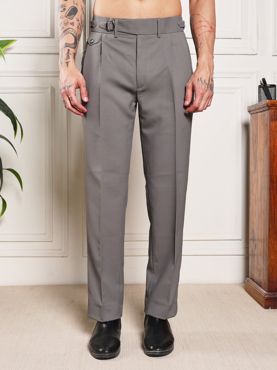 Loose Fit Single Buckle Prefect Grey Gurkha Pants