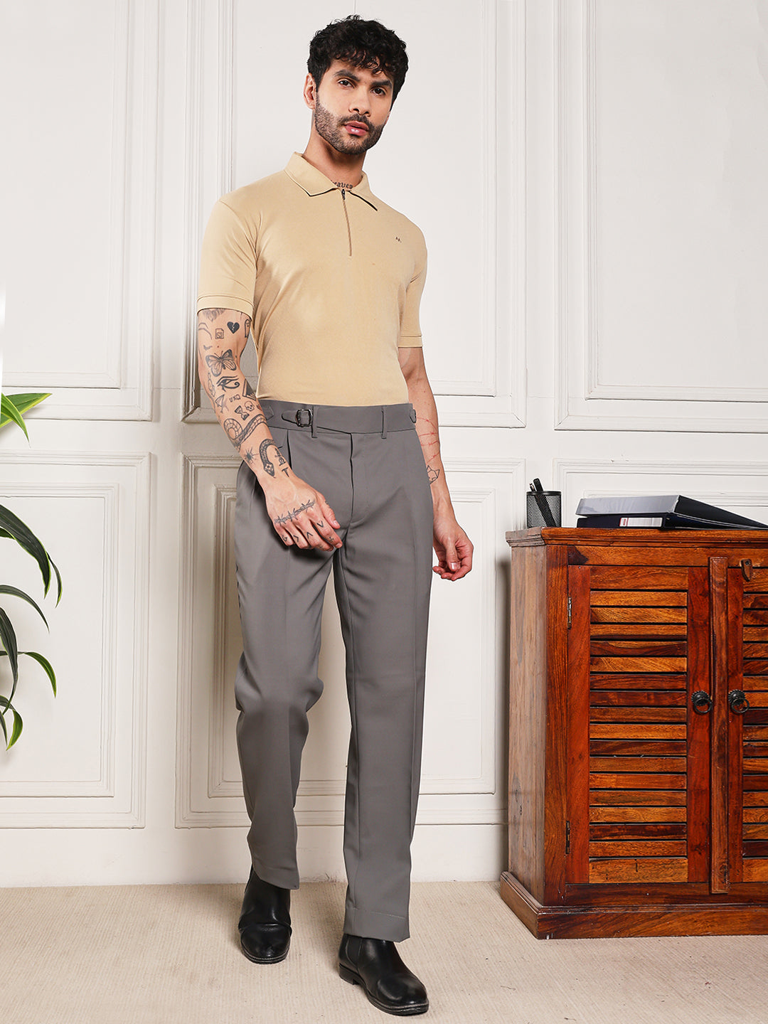 Loose Fit Single Buckle Prefect Grey Gurkha Pants
