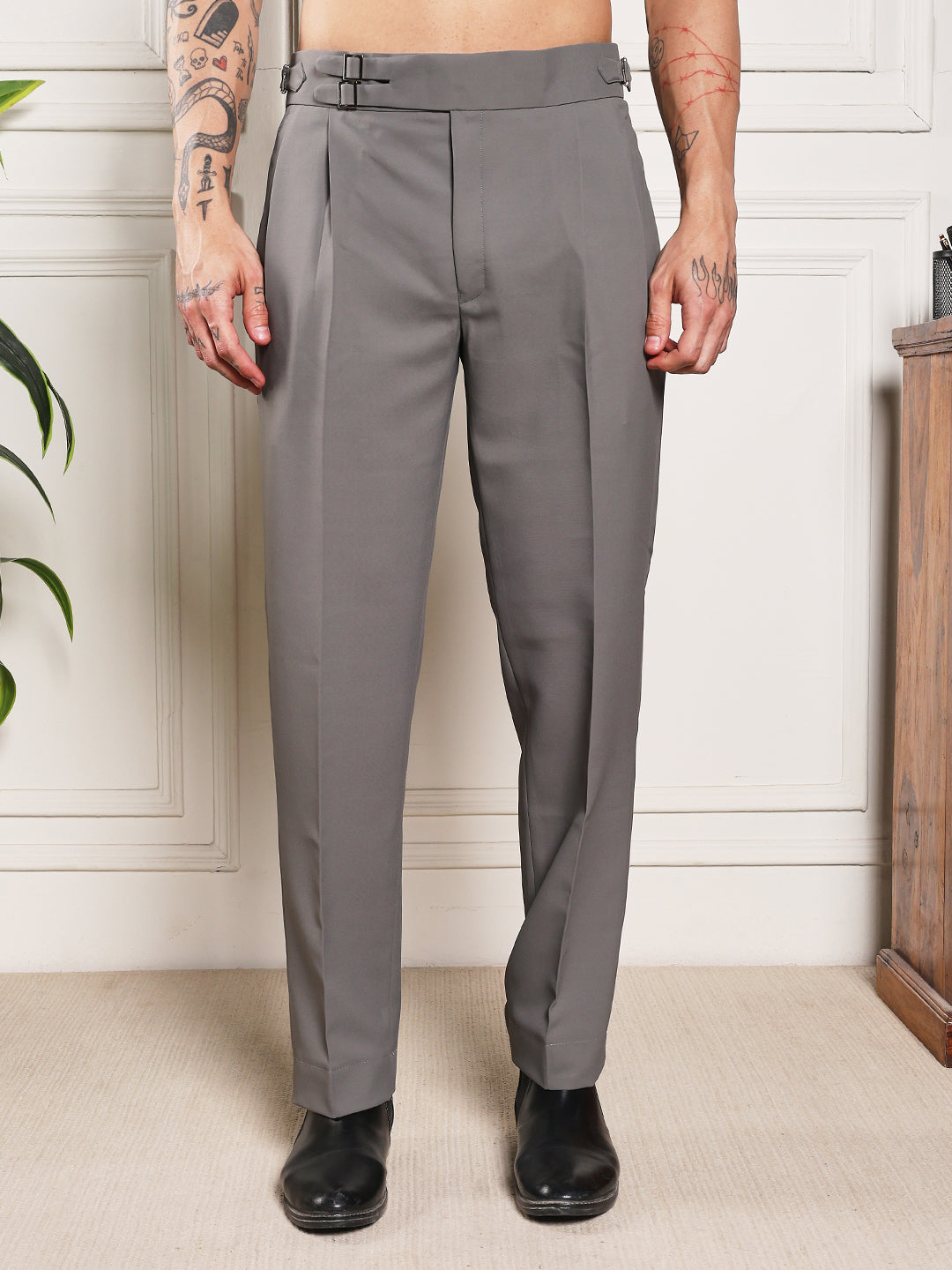 Loose Fit Double Buckle Perfect Grey Gurkha Pants