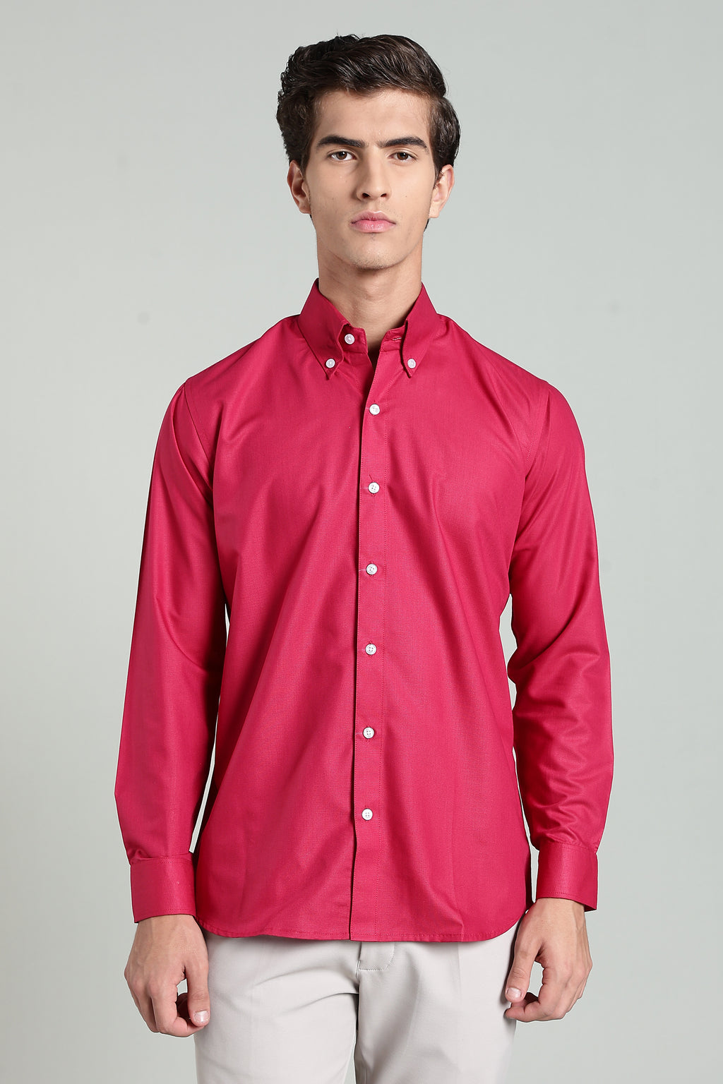 Raspberry Red Blended Cotton - Button Down Collar - Full Sleave Shirt
