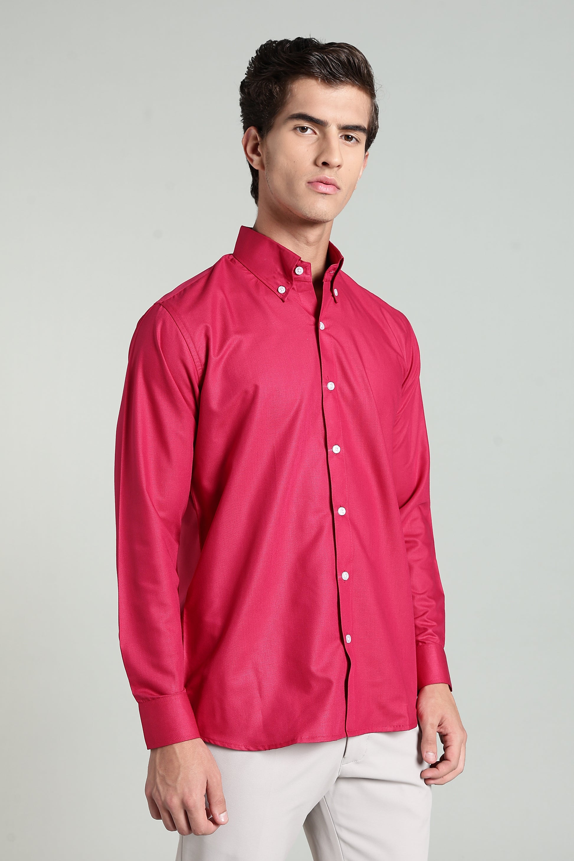 Raspberry Red Blended Cotton - Button Down Collar - Full Sleave Shirt