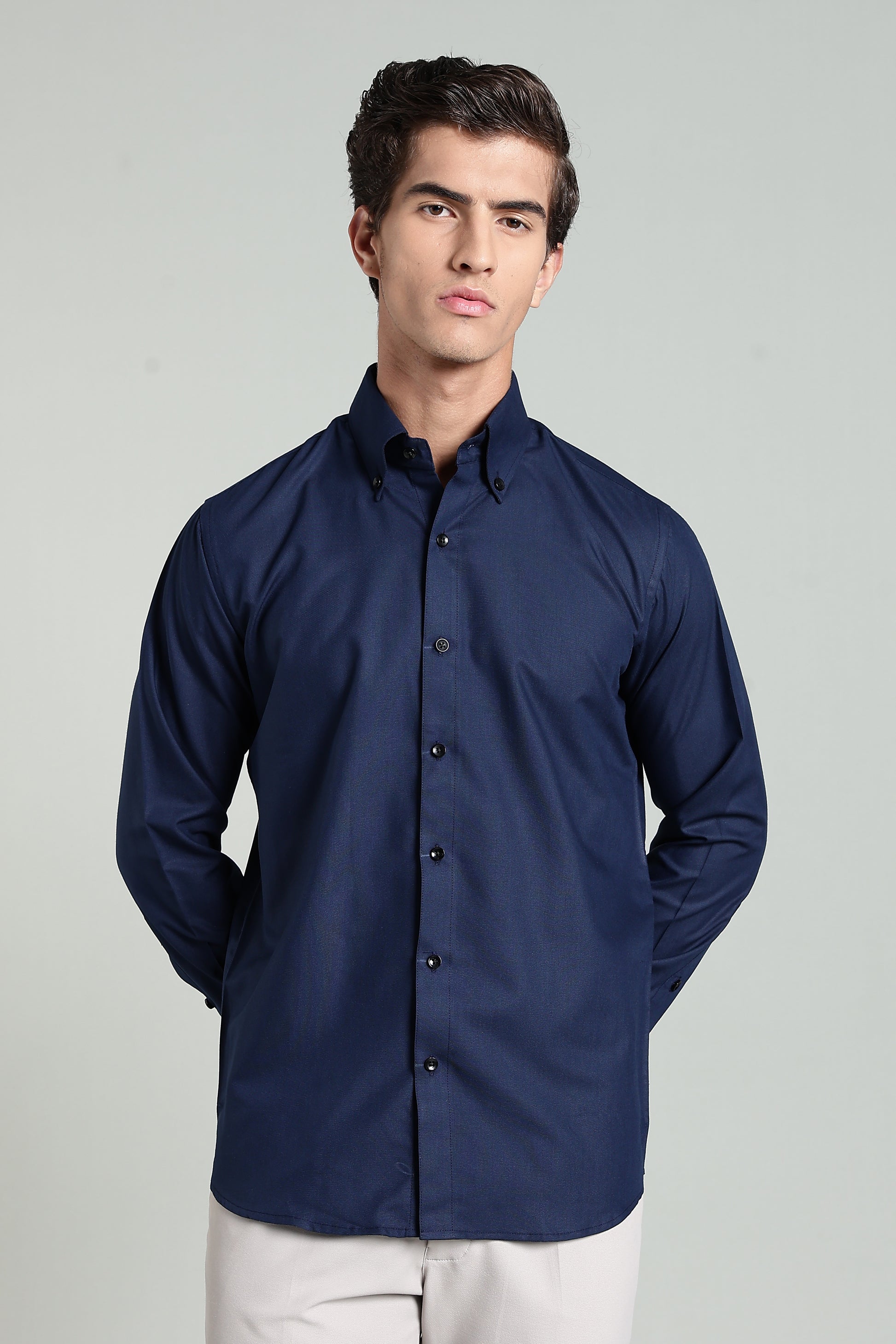 Navy Blue Blended Cotton - Button Down Collar - Full Sleave Shirt