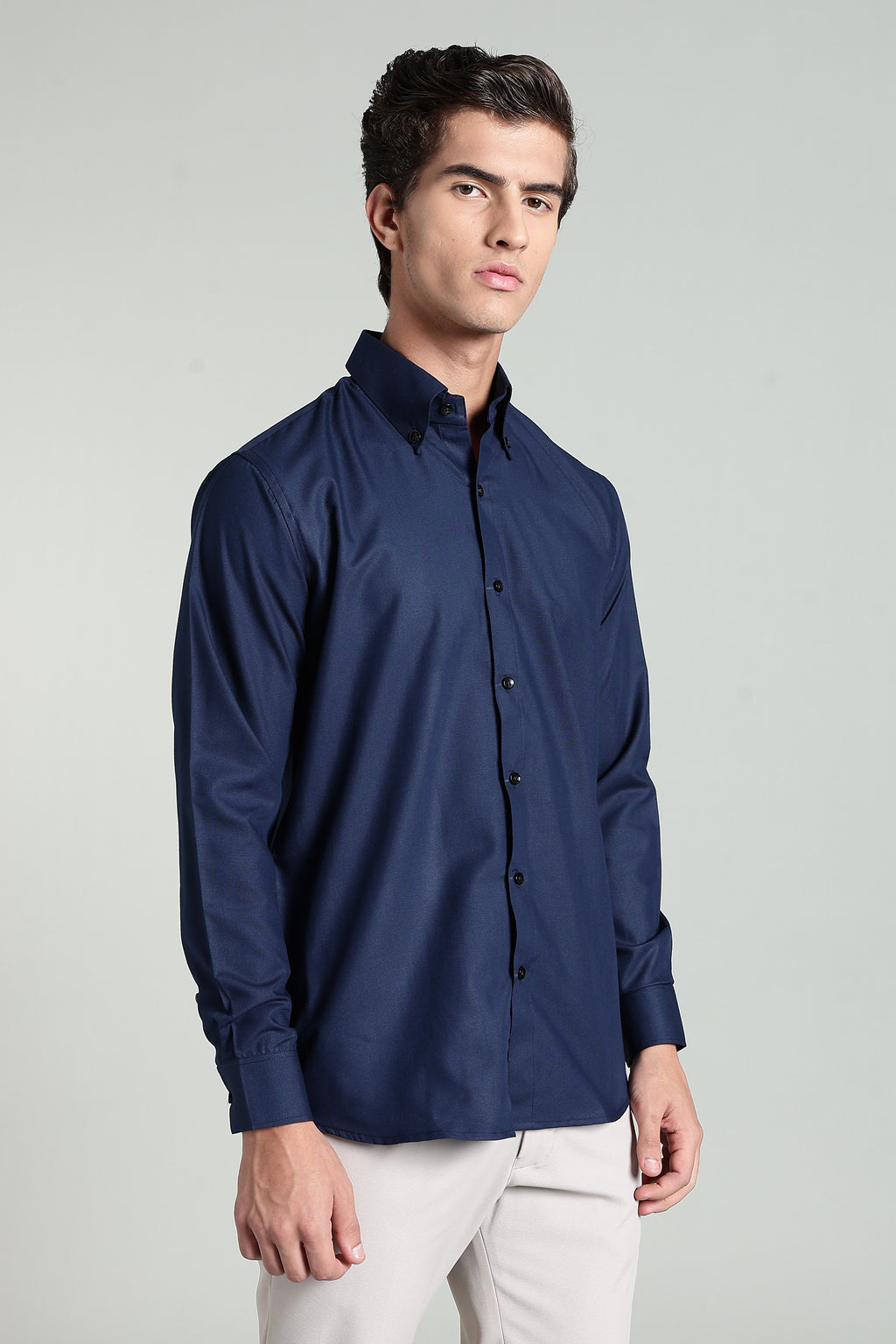 Navy Blue Blended Cotton - Button Down Collar - Full Sleave Shirt