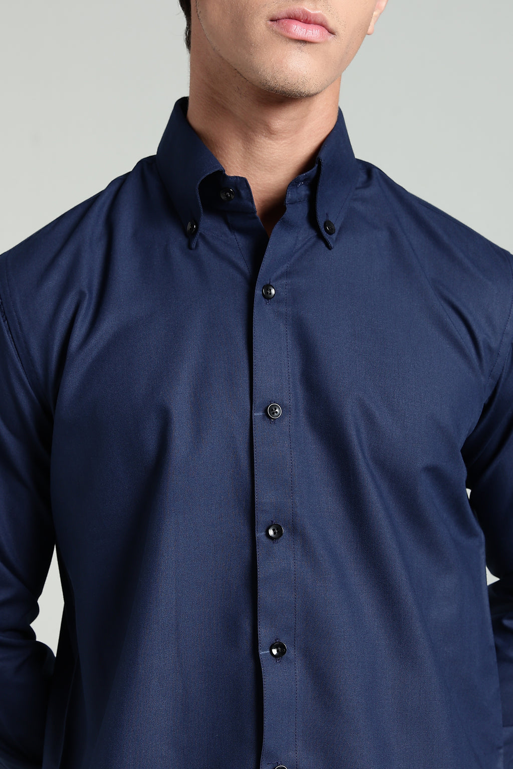 Navy Blue Blended Cotton - Button Down Collar - Full Sleave Shirt