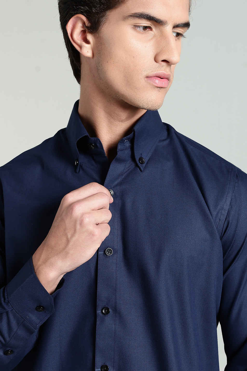 Navy Blue Blended Cotton - Button Down Collar - Full Sleave Shirt