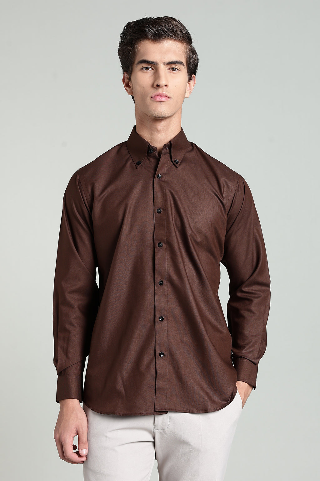 Choco Brown Blended Cotton - Button Down Collar - Full Sleave Shirt