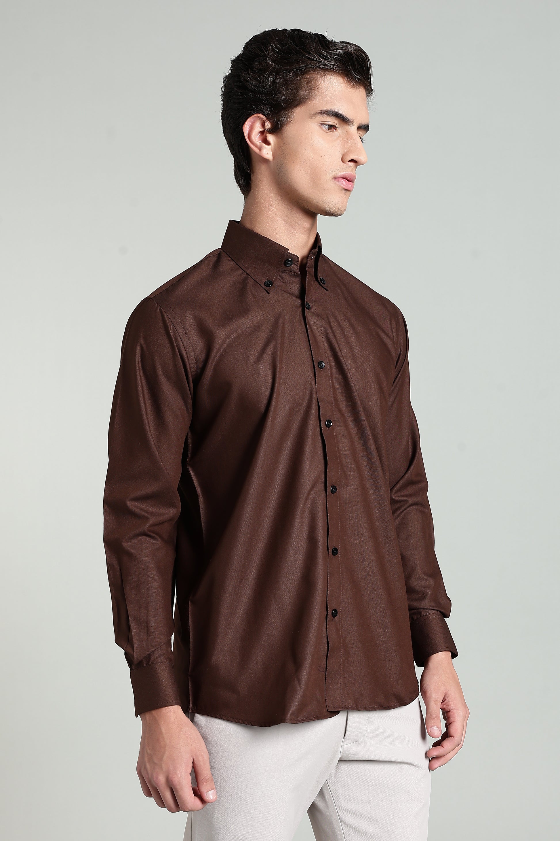 Choco Brown Blended Cotton - Button Down Collar - Full Sleave Shirt