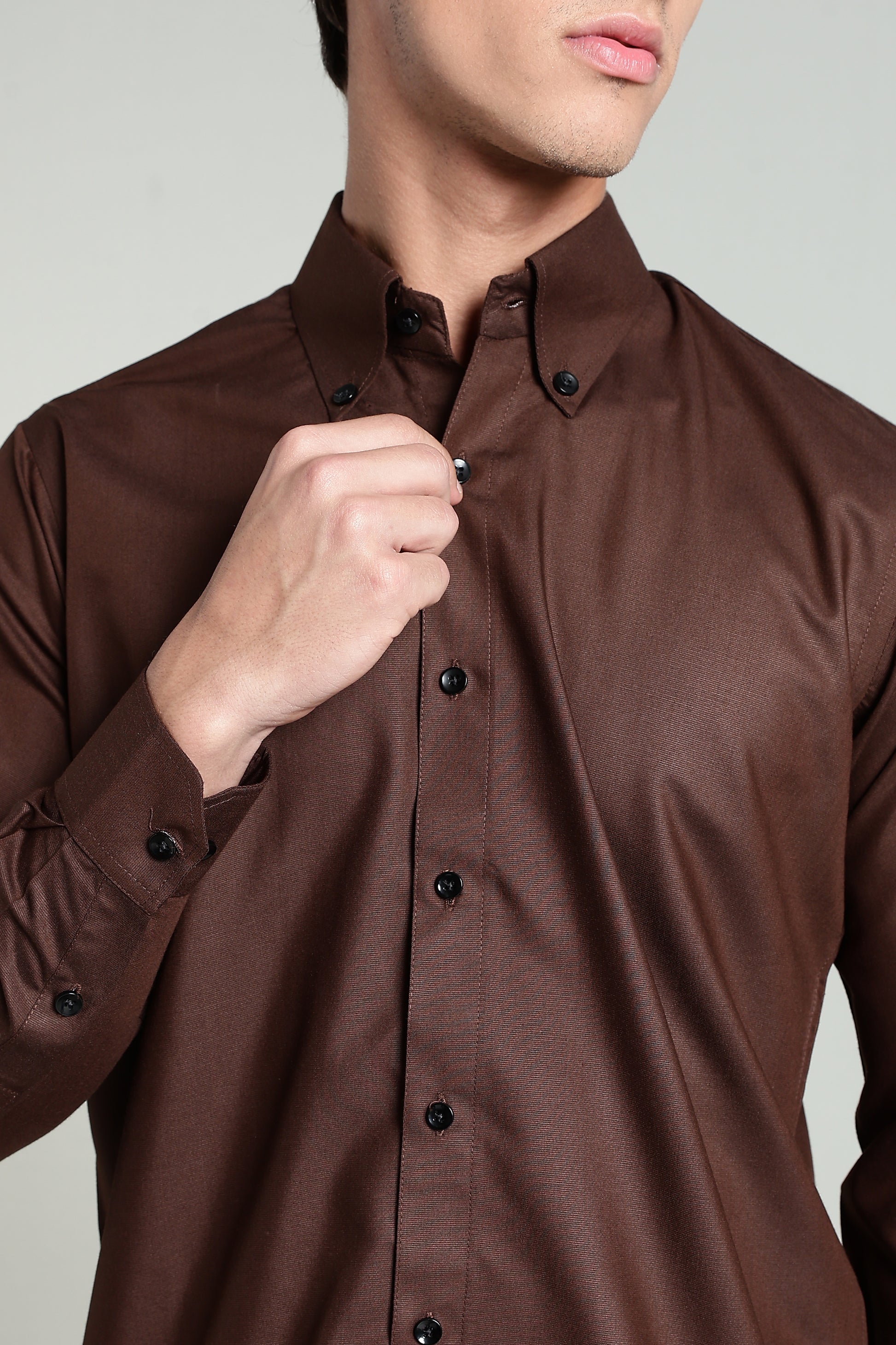 Choco Brown Blended Cotton - Button Down Collar - Full Sleave Shirt