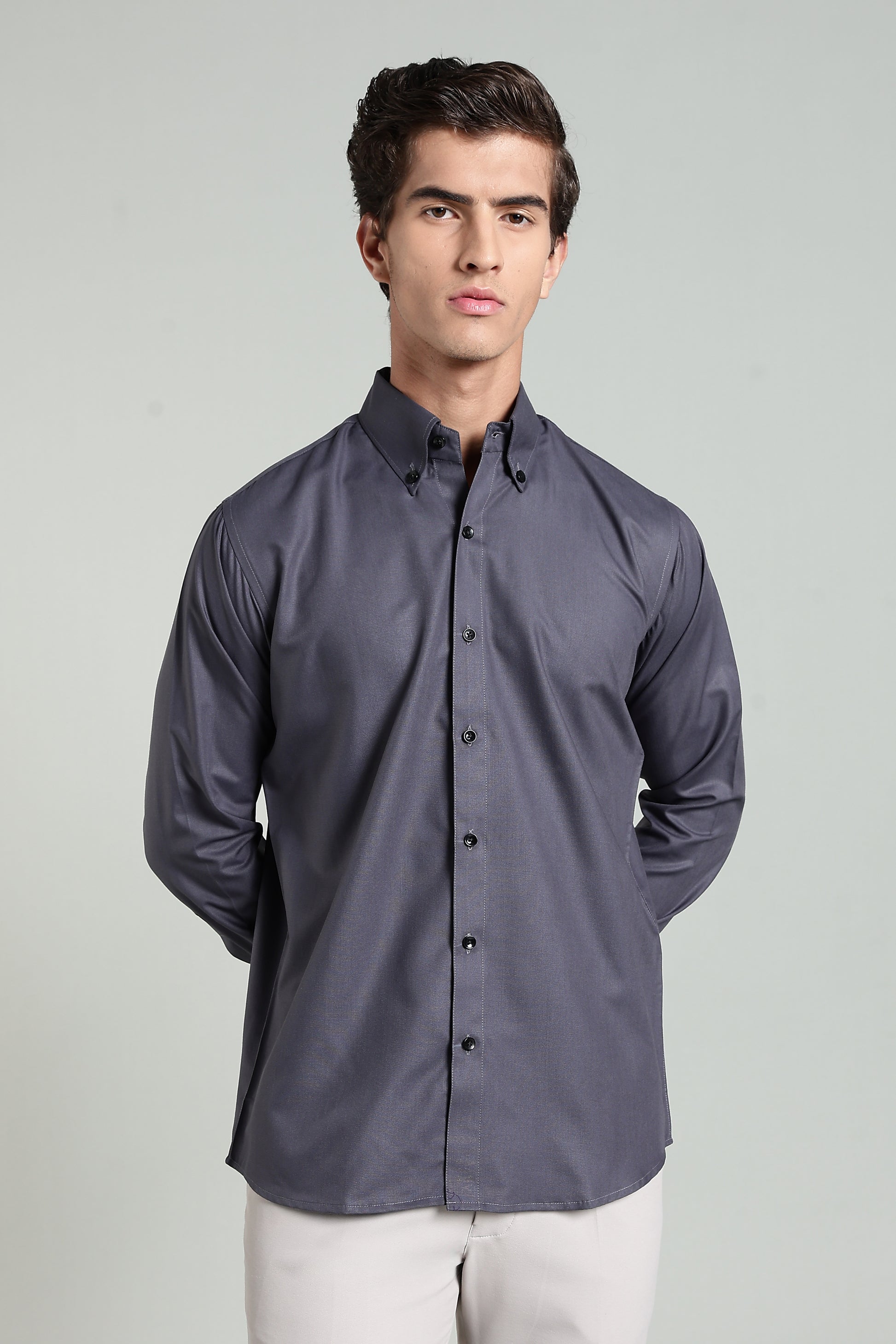 Charcoal Grey Blended Cotton - Button Down Collar - Full Sleave Shirt