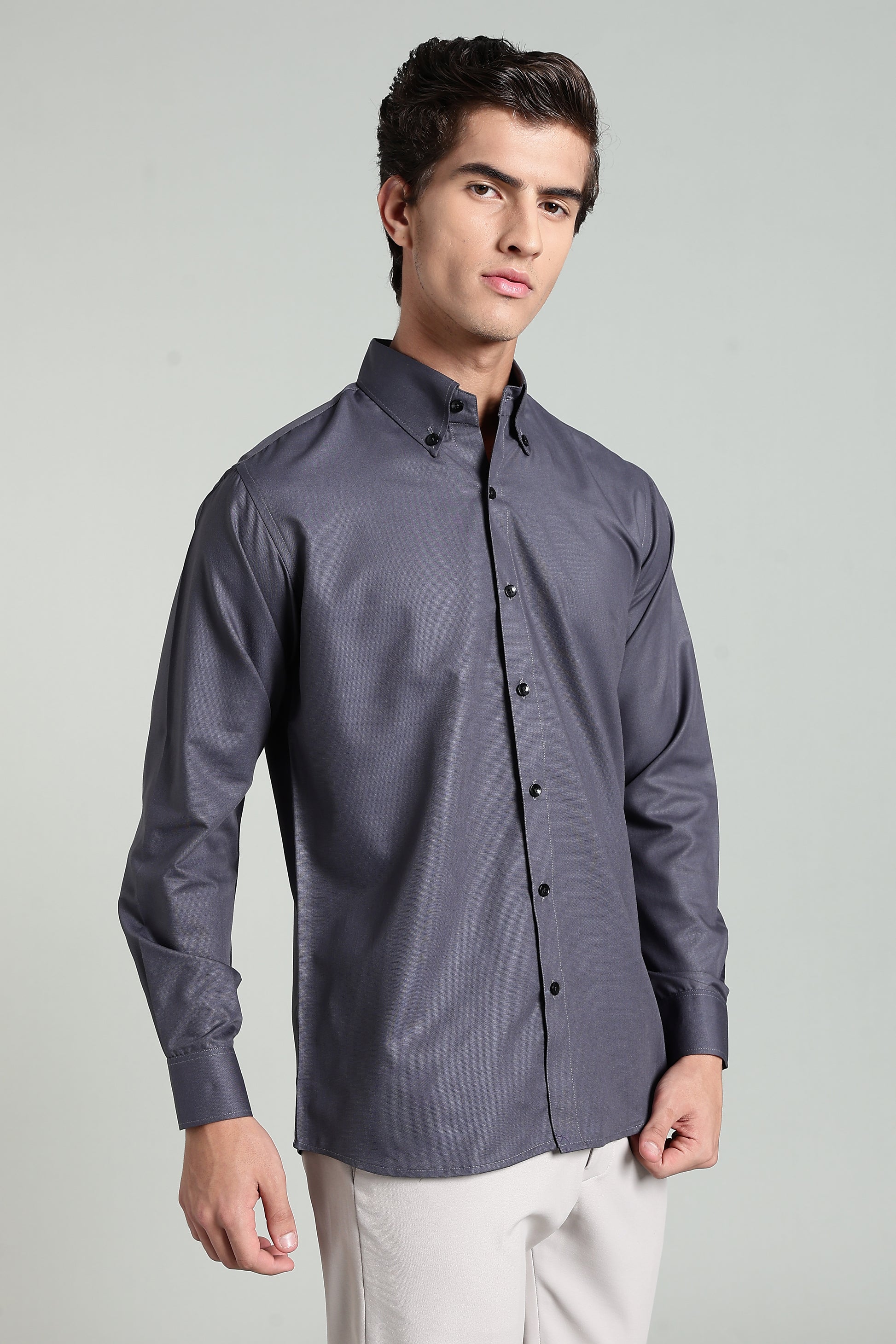 Charcoal Grey Blended Cotton - Button Down Collar - Full Sleave Shirt
