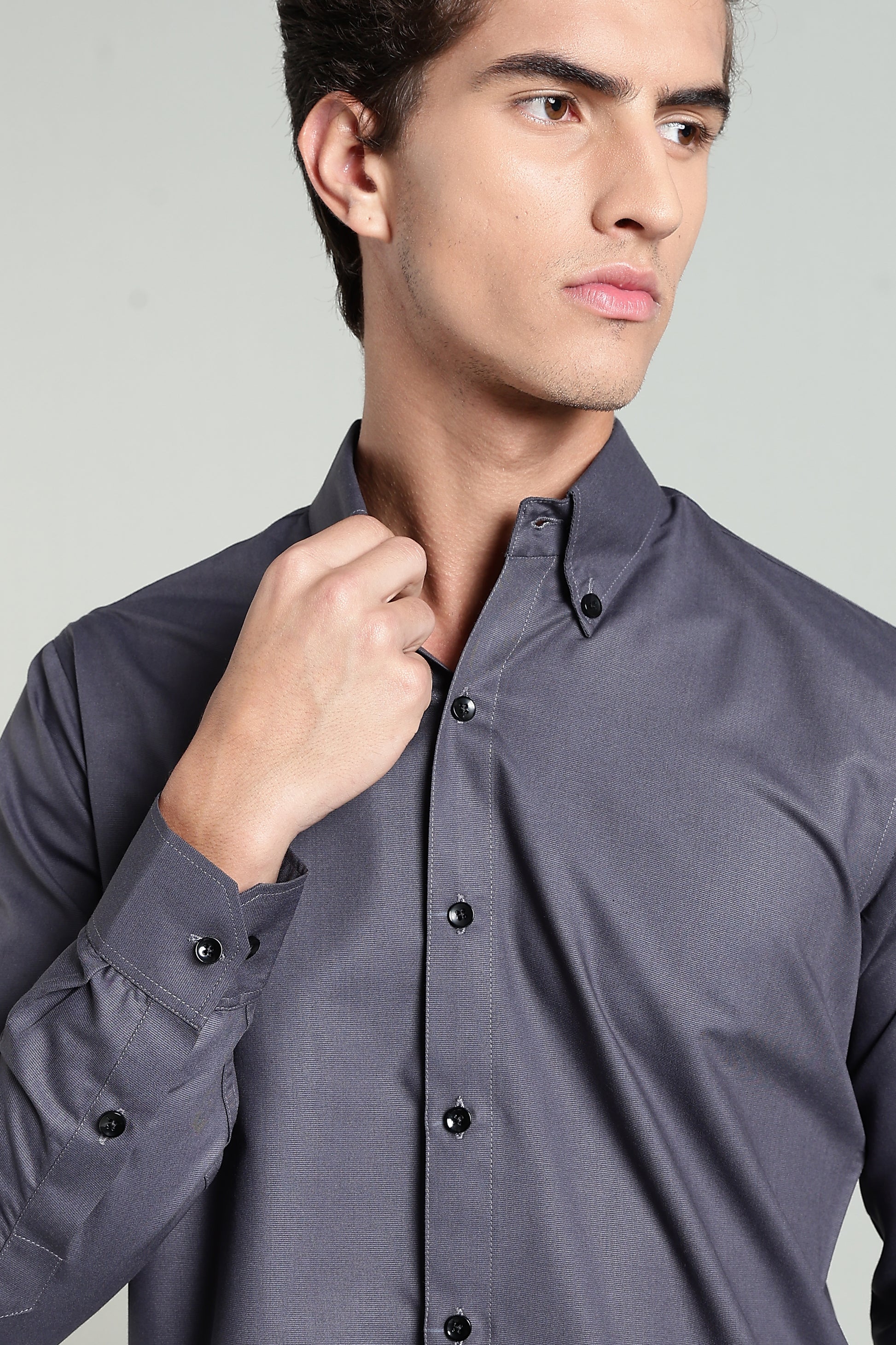 Charcoal Grey Blended Cotton - Button Down Collar - Full Sleave Shirt