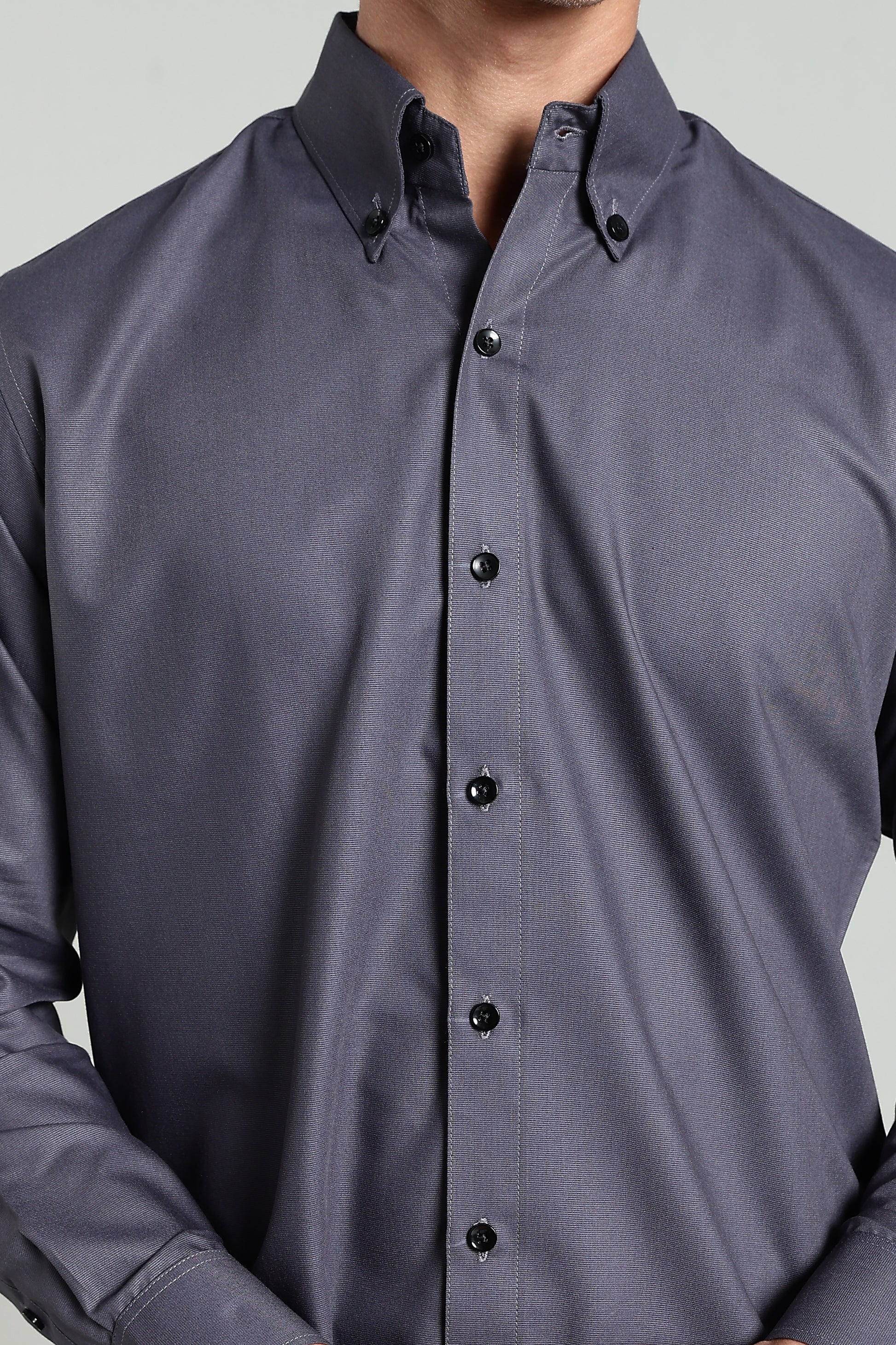 Charcoal Grey Blended Cotton - Button Down Collar - Full Sleave Shirt