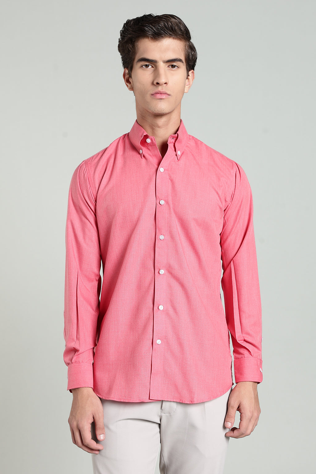 Coral Pink Blended Cotton - Button Down Collar - Full Sleave Shirt