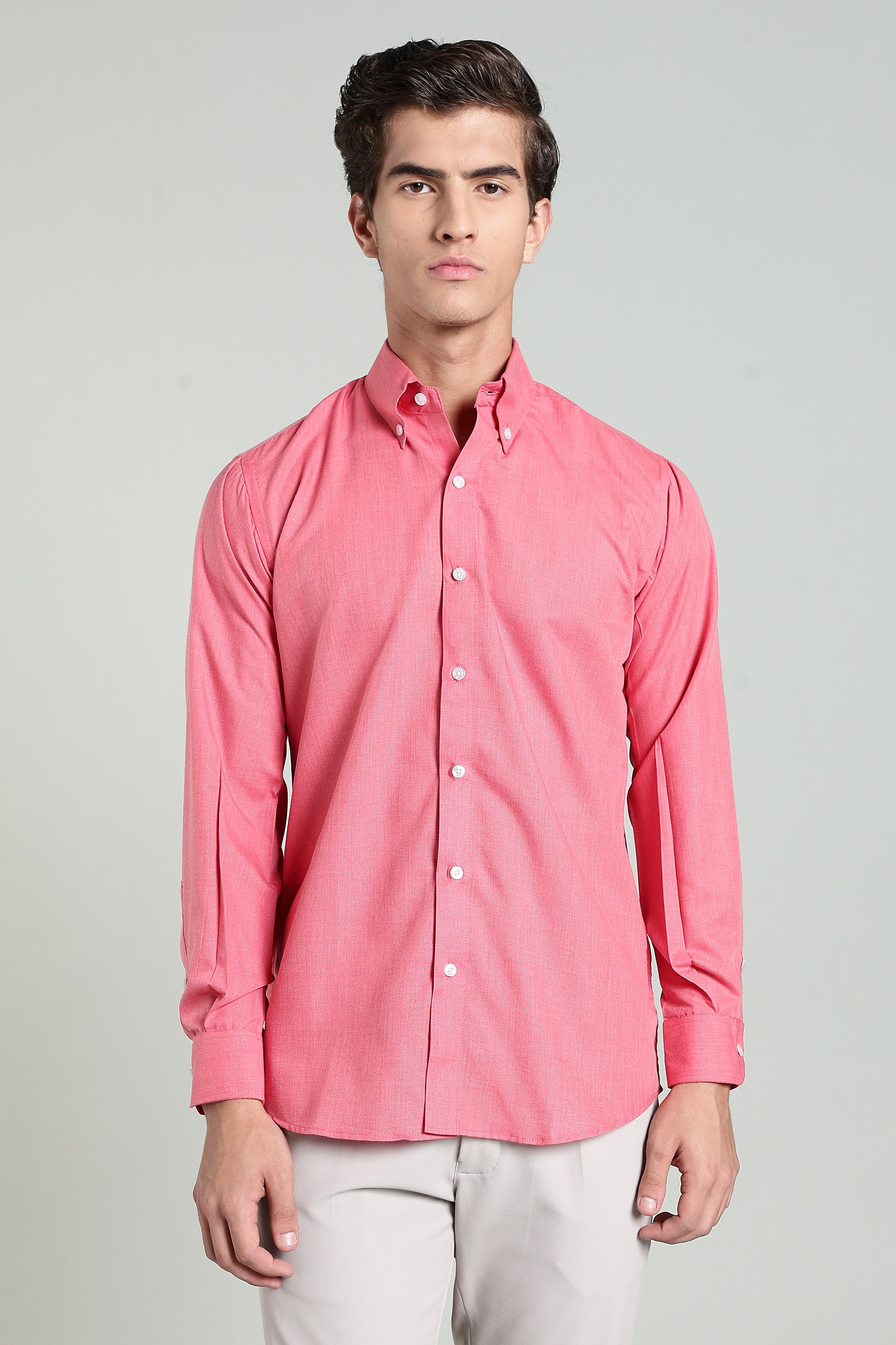 Coral Pink Blended Cotton - Button Down Collar - Full Sleave Shirt