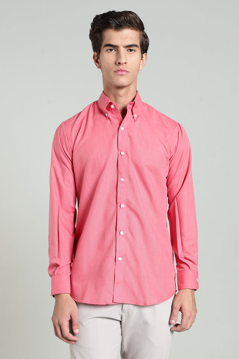 Coral Pink Blended Cotton - Button Down Collar - Full Sleave Shirt