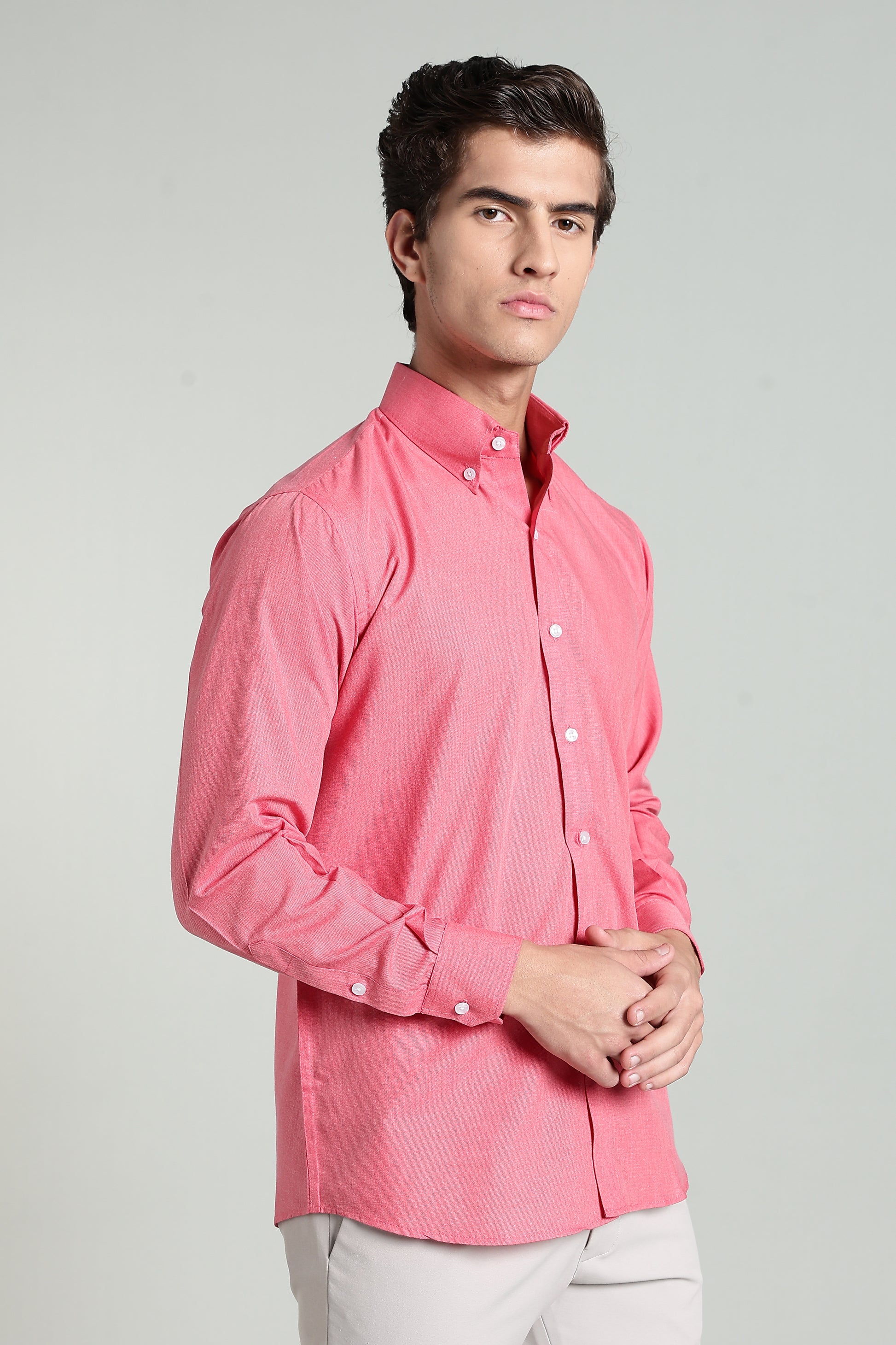 Coral Pink Blended Cotton - Button Down Collar - Full Sleave Shirt