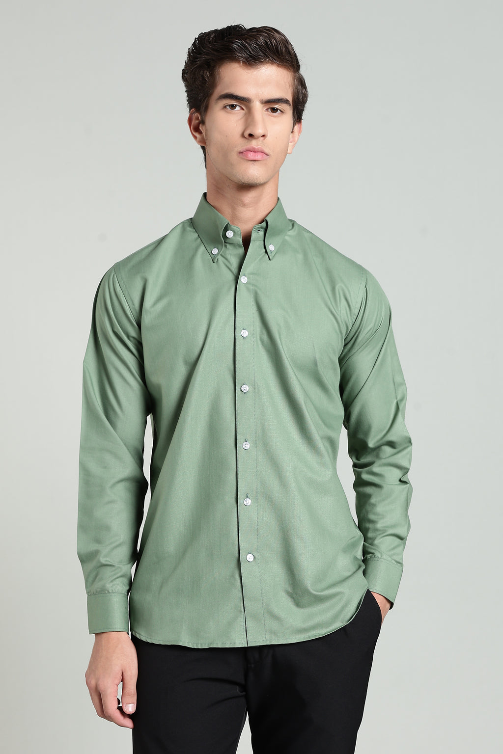 Olive Green Blended Cotton - Button Down Collar - Full Sleave Shirt