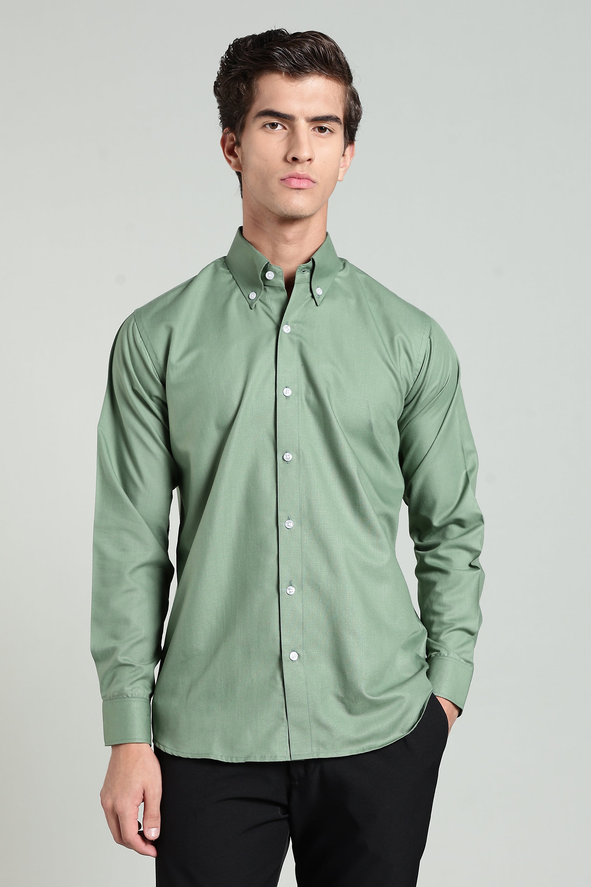Olive Green Blended Cotton - Button Down Collar - Full Sleave Shirt